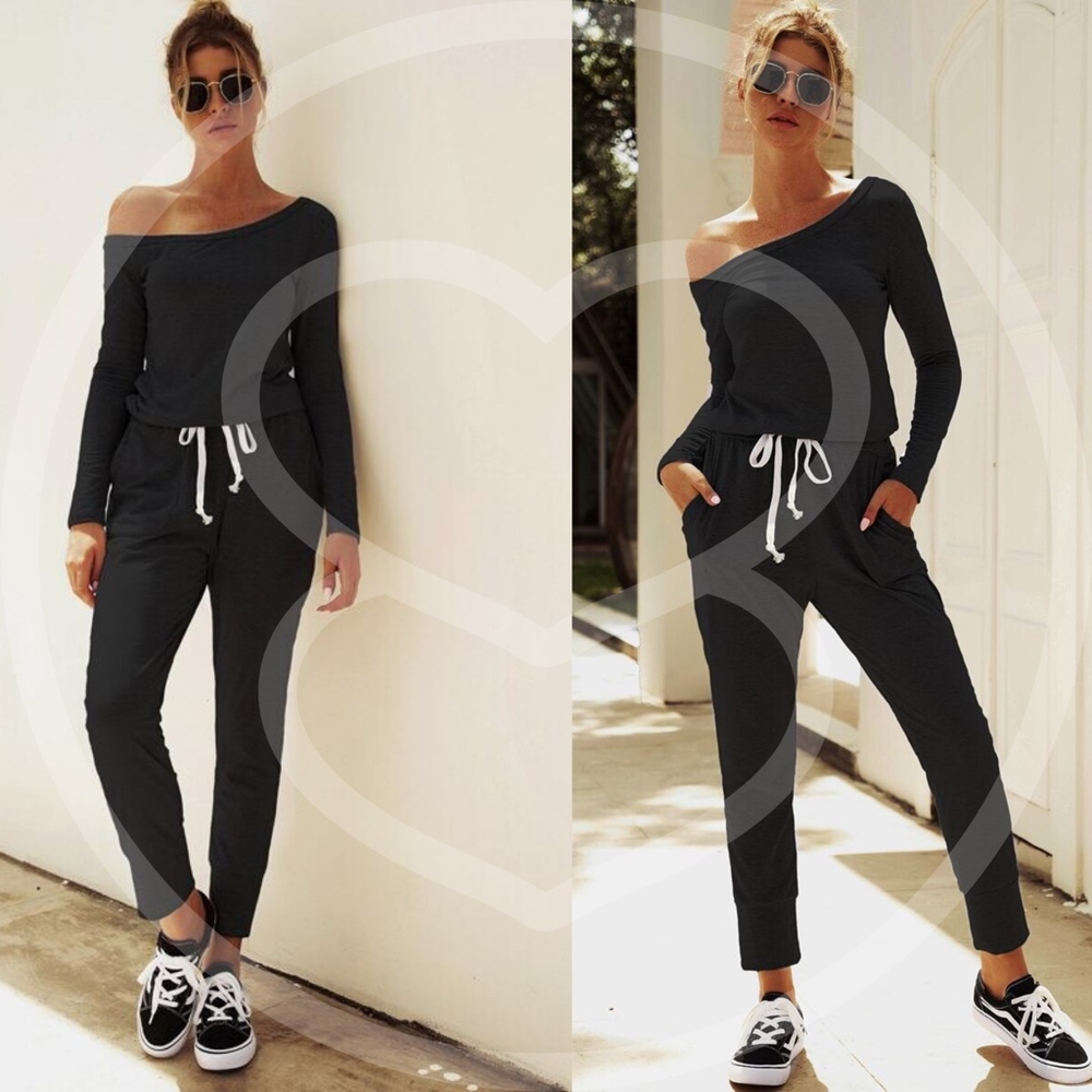 Off Shoulder drawstring black Comfy Jumpsuit grey - Picture 5 of 7